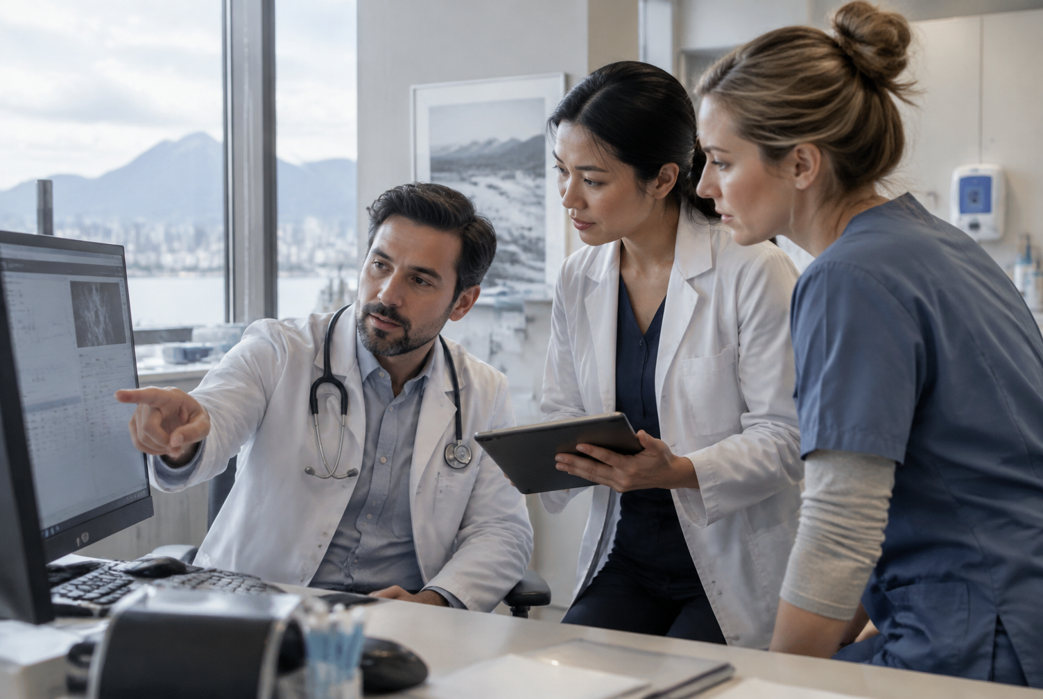 Médecin, pharmacien et infirmière analysant ensemble les résultats de laboratoire et le plan de traitement du patient sur écran et tablette