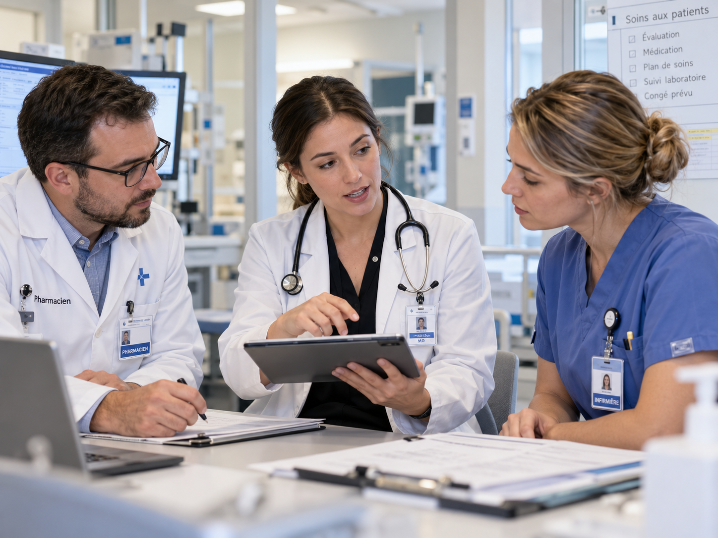 Pharmacien, médecin et infirmière consultant ensemble le dossier patient